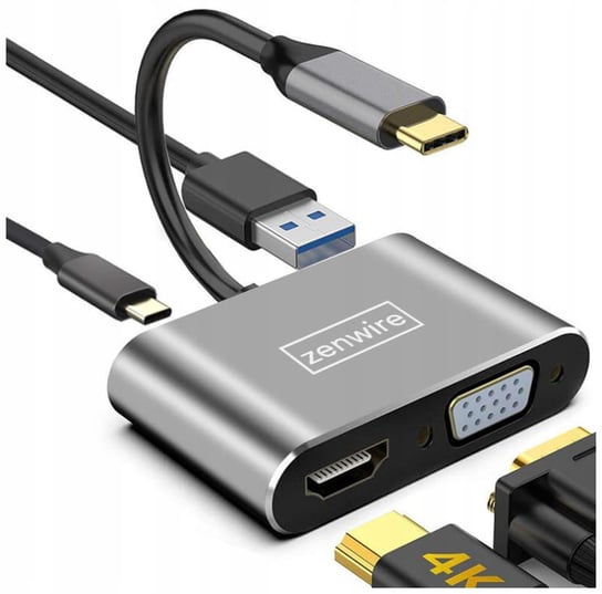 Adapter, Zenwire, Hub Przejściówka USB-C 4W1 HDMI 4K VGA USB Zenwire