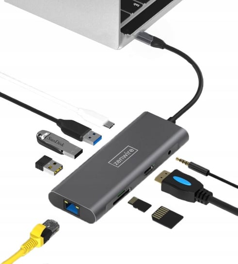 Adapter, Zenwire, Przejściówka 9w1 HUB USB-C Thunderbolt 3.0 (HDMI 4K 3x USB 3.0 Ethernet RJ-45 JACK SD PD) do Apple Macbook Pro Air M1, Dell, HP, Asus Zenbook Zenwire