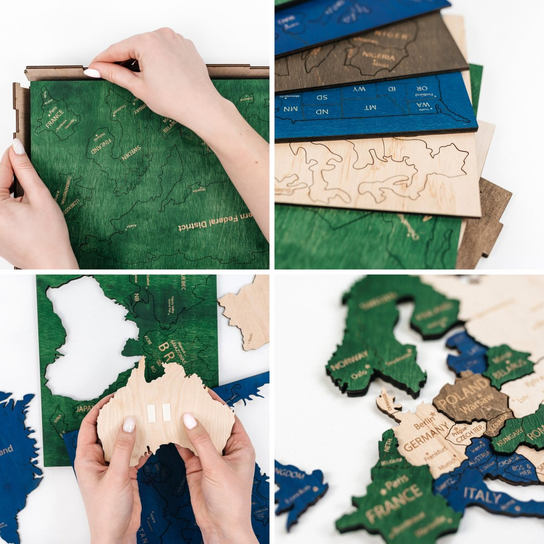 Pinami Drewniana Mapa Świata na Ścianę 3D 105x60cm z 36 Pinami Samoprzylepnymi ...
