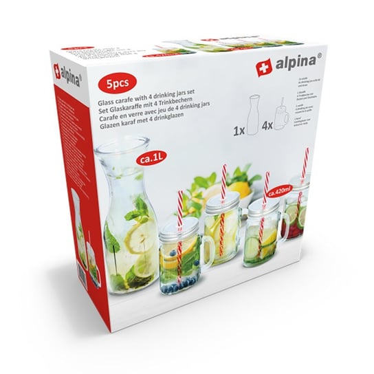 Alpina - zestaw szklanych słoików do napojów ze słomkami 4 szt. z karafką 1 L Forcetop