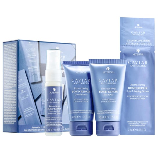 Alterna Alterna Caviar Restructuring Bond Repair, Minizestaw do włosów zniszczonych: szampon 40ml + odżywka 40ml + spray termoochronny 25ml + serum odbudowujące 7ml Alterna