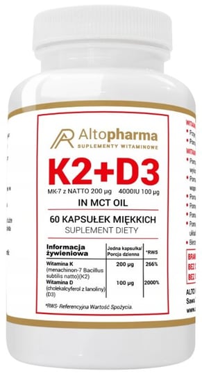 AltoPharma, Witamina K2 MK-7 200µg + D3 4000IU in MCT Oil Suplement diety, 60 kaps. miękkich AltoPharma