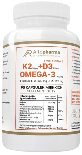 AltoPharma, Witamina K2 MK-7 50µg + D3 2000IU + Omega, Suplement diety, 90 kaps. miękkich AltoPharma