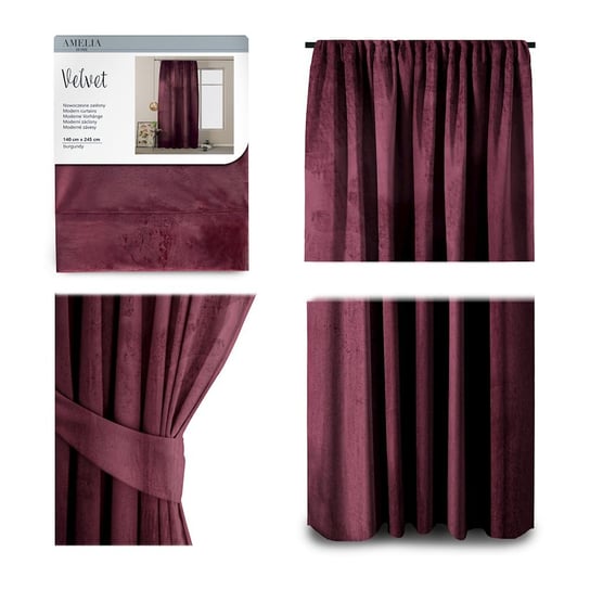 AmeliaHome Zasłona Velvet na taśmie 140X245 1szt. Burgund AmeliaHome