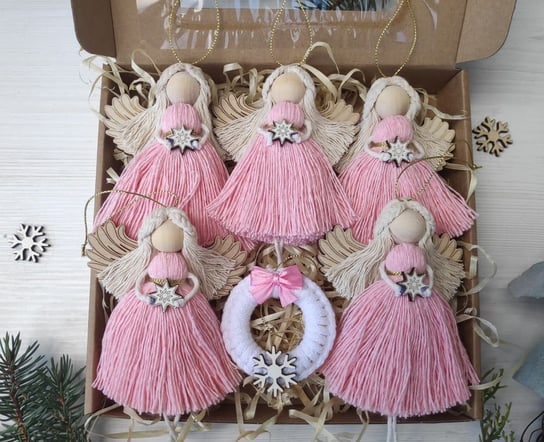 Aniołki Makrama Na Choinkę Ozdoby Świąteczne Zestaw Box Prezent Różowy Inna marka