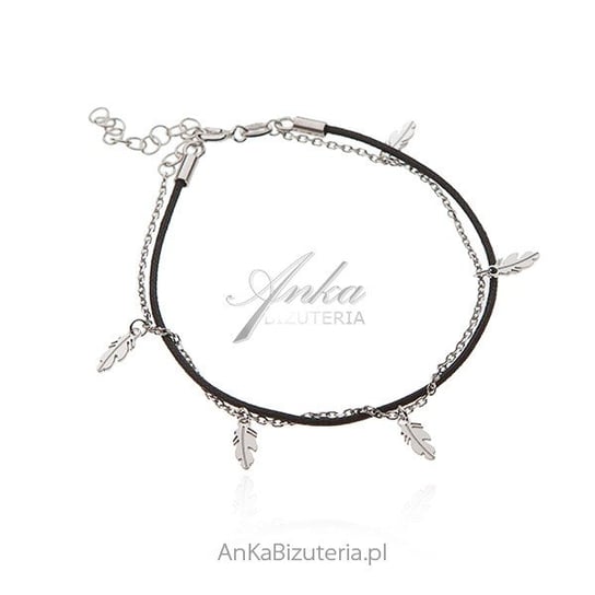 AnKa Biżuteria, Bransoletka srebrna na czarnym sznureczku z piórkami AnKa Biżuteria