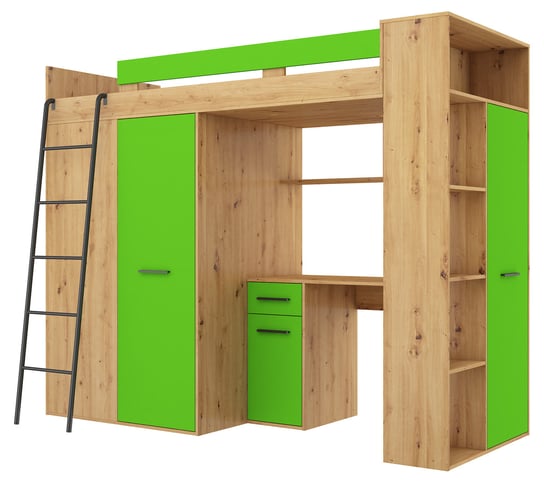 Antresola łóżko piętrowe VERANA lewa dąb artisan / zielony BIM Furniture