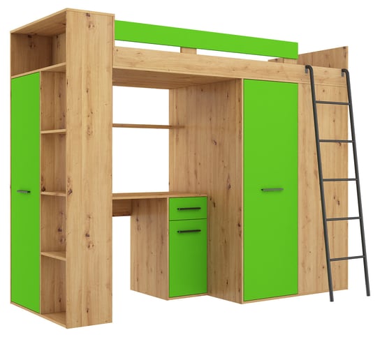 Antresola łóżko piętrowe VERANA prawa dąb artisan / zielony BIM Furniture