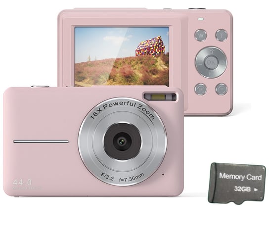 Aparat cyfrowy 44 MP/1080 P/16X z zoomem cyfrowym/światłem wypełniającym/kartą 32 GB Pink INF