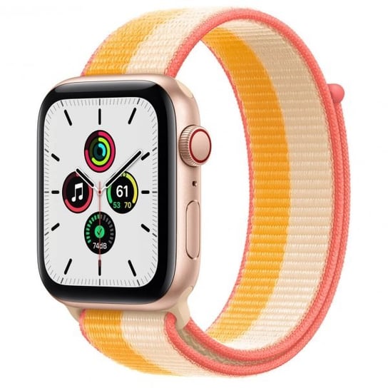 Apple Watch SE 44mm GPS + Cellular Aluminium w kolorze złotym z opaską sportową w kolorze jesiennego liścia/białym Apple