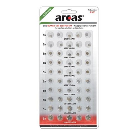 Arcas AG Set (10xAG1  15xAG3  10xAG4   10xAG10  5xAG13)  Alkaline Button Cell  50 pc(s) Arcas