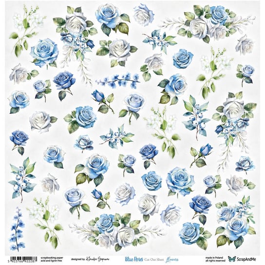 Arkusz z elementami do wycinania 30x30 ScrapAndMe Blue Roses - kwiaty ScrapAndMe