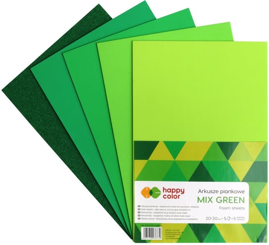 Arkusze piankowe MIX GREEN, A4, 5 arkuszy, 5 kolorów, 2 rodzaje, Happy Color Happy Color