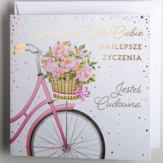 Art Nuvo, Karnet urodzinowy dla kobiet, rower z kwiatami złocenia Art Nuvo