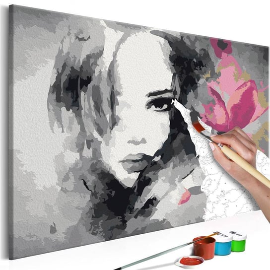 Artgeist, zestaw kreatywny, obraz do samodzielnego malowania - Czarno-biały portret z różowym kwiatem ARTGEIST