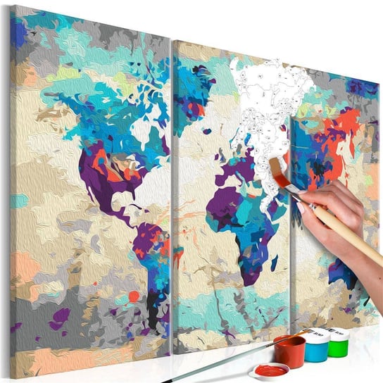 Artgeist, zestaw kreatywny, obraz do samodzielnego malowania - Mapa świata (błękitno-czerwona) 3-częściowa ARTGEIST
