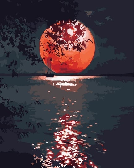 Artnapi 40x50cm Obraz Do Malowania Po Numerach Na Drewnianej Ramie - Czerwony księżyc i Morze artnapi