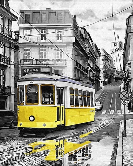 Artnapi 40x50cm Obraz Do Malowania Po Numerach Na Drewnianej Ramie - Żółty tramwaj na deszczowej ulicy artnapi