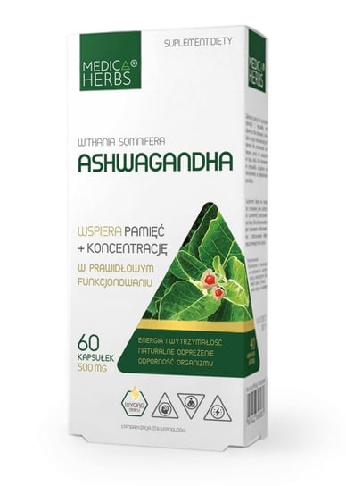 Ashwagandha 500 mg Medica Herbs UMYSŁ PAMIĘĆ KONCENTRACJA Suplement diety Medica Herbs