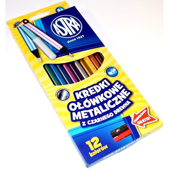 Astra, Kredki ołówkowe metaliczne z czarnego drewna, 12 kolorów z temperówką Astra