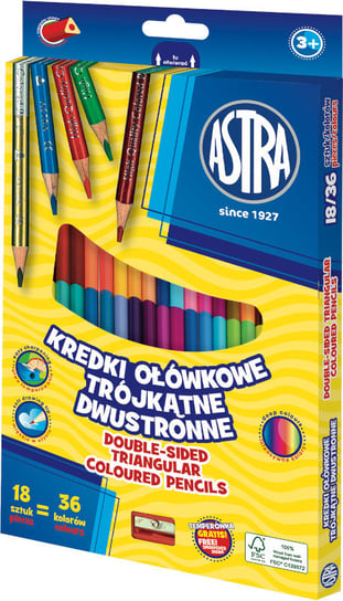 Astra, Kredki ołówkowe trójkątne dwustronne, 18 kredek 36 kolorów z temperówką Astra