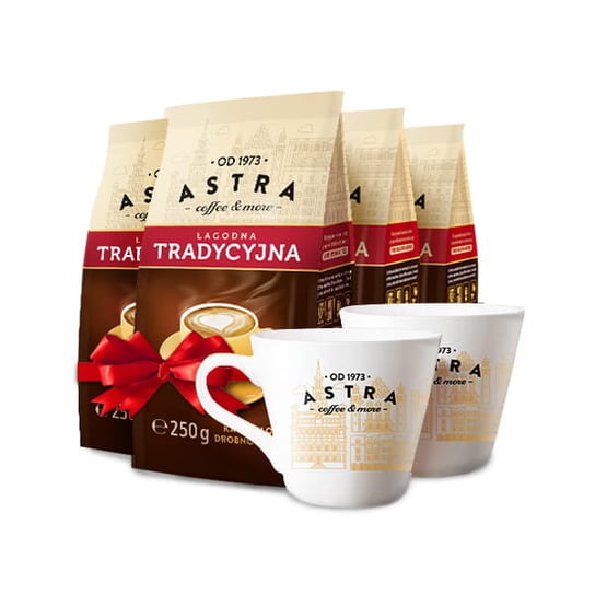 Astra Zestaw Kawa Tradycyjna drobno mielona 250g x 4 + 2 filiżanki ASTRA COFFEE & MORE