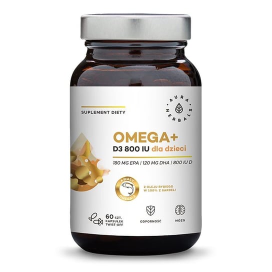 Aura Herbals Omega+ Witamina D3 800 IU dla dzieci - Suplement diety, 60 kaps. Aura Herbals