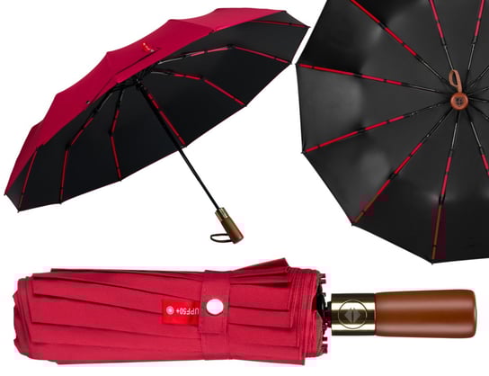 Automatyczny składany duży czerwony parasol na słońce i deszcz filtr UV UPF 50+ PETERSON elegancka parasolka w pudełku prezentowym pokrowiec uchwyt na nadgarstek Peterson