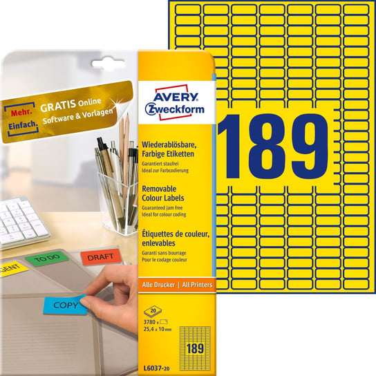 Avery Zweckform, etykiety usuwalne kolorowe A4, 25,4 x 10 mm, żółte, 3780 etykiet AVERY Zweckform