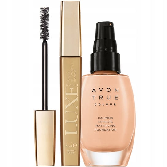 Avon Luxe & True Color, Zestaw kosmetyków do makijażu, tusz do rzęs Caviar Black, 7ml + podkład do twarzy Cream, 30ml AVON
