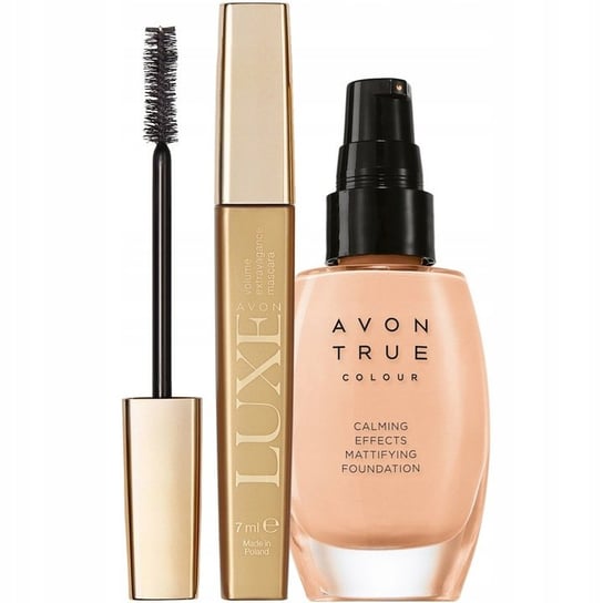 Avon Luxe & True Color, Zestaw kosmetyków do makijażu, tusz do rzęs Caviar Black, 7ml + podkład do twarzy Nude, 30ml AVON