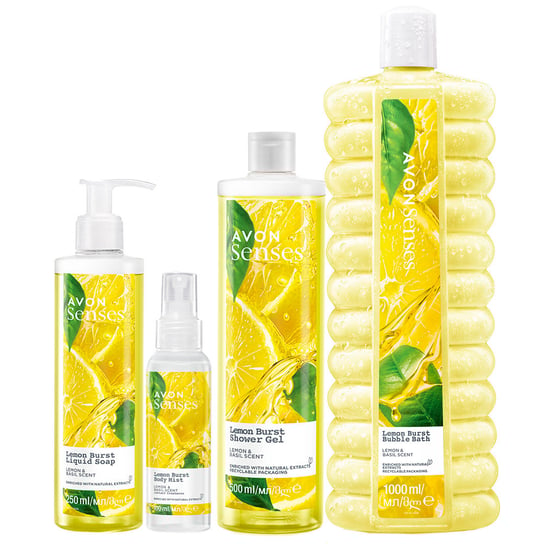 Avon Senses, Lemon Burst, Zestaw kosmetyków do pielęgnacji, żel pod prysznic, 500ml + płyn do kąpieli, 500ml + mydło w płynie, 250ml + mgiełka do ciała, 100ml AVON