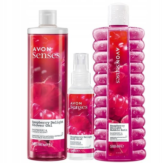 Avon Senses, Raspberry Delight, Zestaw kosmetyków do pielęgnacji dla kobiet, żel pod prysznic, 500ml + płyn do kąpieli, 500ml + mgiełka do ciała, 100ml AVON