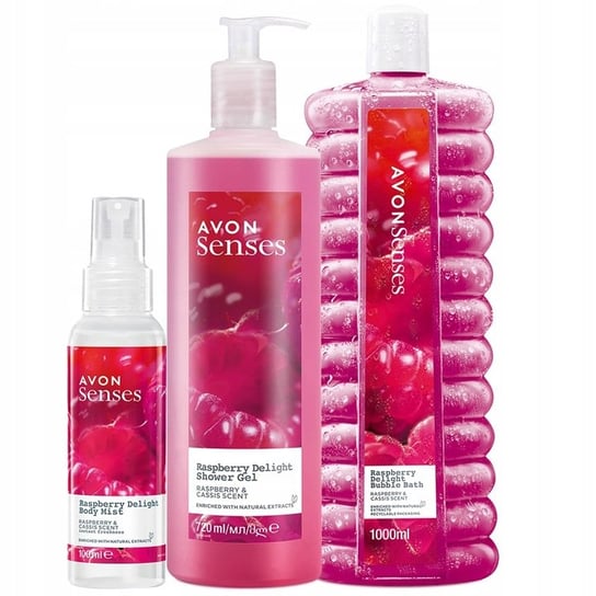 Avon Senses, Raspberry Delight, Zestaw kosmetyków do pielęgnacji, żel pod prysznic, 720ml + płyn do kąpieli, 1000ml + mgiełka do ciała, 100ml AVON