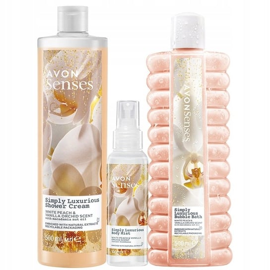 Avon Senses, Simply Luxurious, Zestaw kosmetyków do pielęgnacji dla kobiet, żel pod prysznic, 500ml + płyn do kąpieli, 500ml + mgiełka do ciała, 100ml AVON