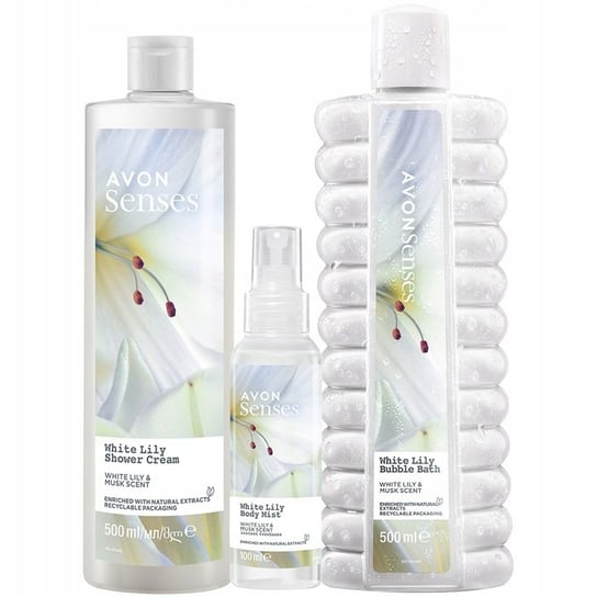 Avon Senses, White Lily, Zestaw kosmetyków do pielęgnacji dla kobiet, żel pod prysznic, 500ml + płyn do kąpieli, 500ml + mgiełka do ciała, 100ml AVON