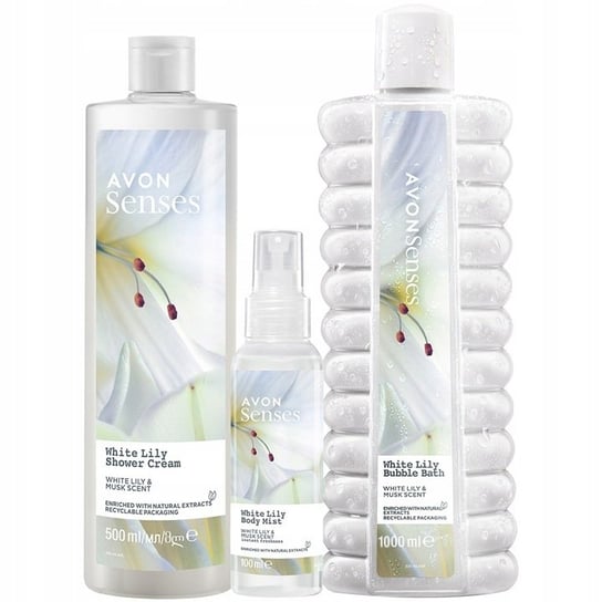 Avon Senses, White Lily, Zestaw kosmetyków do pielęgnacji, żel pod prysznic, 500ml + płyn do kąpieli, 1000ml + mgiełka do ciała, 100ml AVON