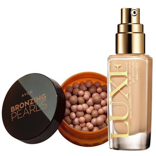 Avon, Zestaw kosmetyków do makijażu, bronzer w kulkach Warm, 28g + podkład do twarzy Luxe Natural Glamour, 30ml AVON