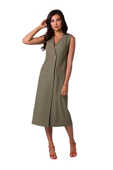 B254 Prosta sukienka midi bez rękawów - oliwkowa (kolor oliwka, rozmiar M) Inna marka