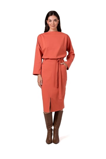 B269 Sukienka ołówkowa midi z paskiem - ceglasta (kolor cegła, rozmiar L) Inna marka