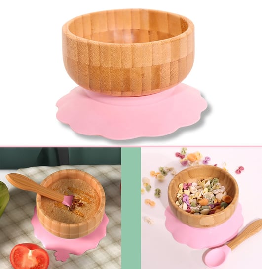 Baby Bamboo Bowl Set Bambusowa miska z przyssawką i łyżeczką w kolorze różowym - do jedzenia i karmienia niemowląt i małych dzieci Intirilife