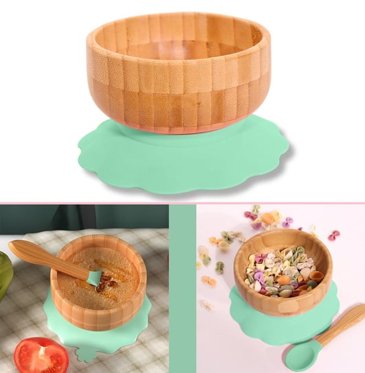 Baby Bamboo Bowl Set Bambusowa miska z przyssawką i łyżeczką w kolorze zielonym - do jedzenia i karmienia niemowląt i małych dzieci Intirilife