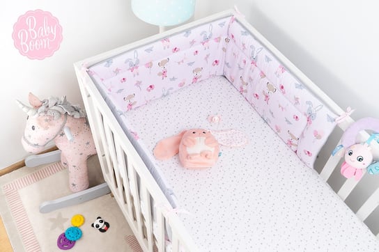 Babyboom dwustronny ochraniacz do łóżeczka dziecięcego Premium 180x30 cm Królik z balonami różowy/szary BabyBoom