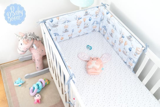 Babyboom dwustronny ochraniacz do łóżeczka dziecięcego Premium 180x30 cm Miś na spadochronie/niebieski BabyBoom