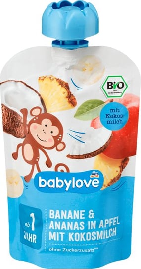 Babylove, Bio, Mus owocowy, Banan, Jabłko, Ananas i Mleko kokosowe, 100 g Babylove
