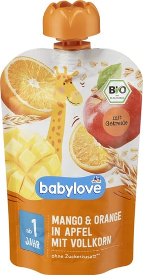 Babylove, Bio, Mus owocowy, Mango, Pomarańcza, Jabłka i Zboża, 100 g Babylove