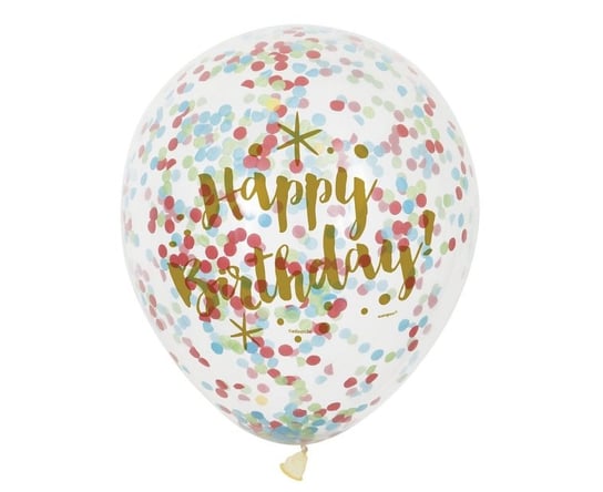 Balon, 12", Happy Birthday - Kolorowe Konfetti, transparentny, 6 sztuk Unique