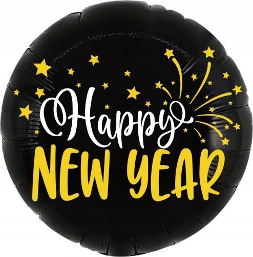 Balon Foliowy 18 Cali Happy New Year, Czarny Nowy Rok PartyDeco