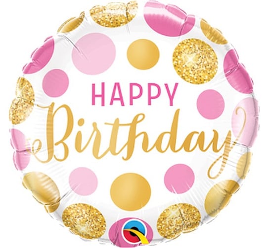 Balon foliowy, 18", Happy Birthday Pink & Gold Dots Qualatex