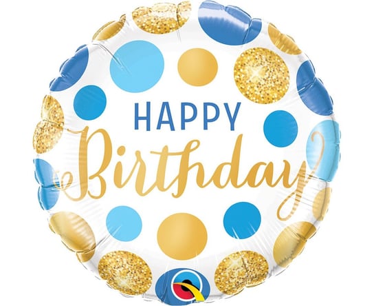 Balon Foliowy 18" Ql Cir - Happy Birthday Blue & Gold Dots Qualatex